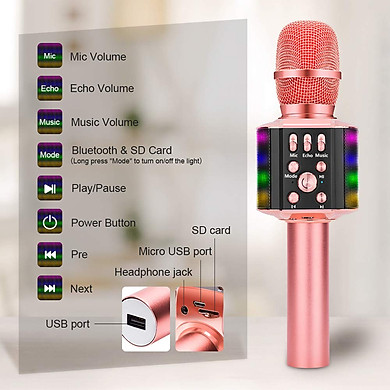 Microphone Karaoke Portable Bluetooth Không Dây Wireless Loa Speaker Đèn Led 4 In 1 Cho Máy Hát Android Ios Pc Tablet Bonaok - Hàng Chính Hãng - Link Mua