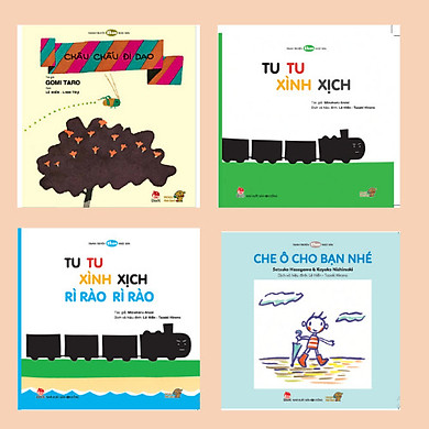 Bé làm quen với âm thanh cuộc sống – Combo 4 cuốn Ehon Nhật Bản bao gồm: Tu tu xình xịch rì rào rì rào, Châu chấu đi dạo, Tu tu xình xịch, Che ô…