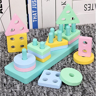 Đồ chơi hình khối bằng gỗ xây dựng 4 cột khối lắp ghép hình học – đồ chơi gỗ thông minh cho bé