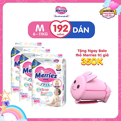 Mua 3 Tã/bỉm dán Merries Đủ Size NB90/S82/M64/L54/XL44 – Tặng 1 balo Thỏ (Giao Màu ngẫu nhiên)