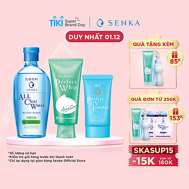 Bộ sản phẩm Senka làm sạch và chống nắng dành cho da mụn (Senka A.L.L.Clear Water Fresh 230ml + SRM Acne Care 100g + Senka Perfect UV Essence 50g)