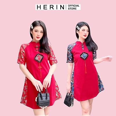 Áo dài cách tân áo kèm chân váy chất liệu gấm hoa hồng mềm mịn kiểu dáng 4  tà chân váy 2 lớp 3 màu đỏ vàng kem diện Tết siêu xinh