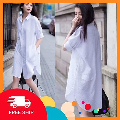 Váy sơ mi nữ banamo fasion đầm sơ mi ngắn tay dáng dài kèm váy 2 dây 595