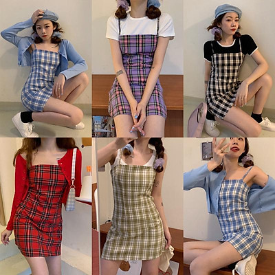 Đầm 2 dây kẻ caro xẻ đùi khóa sườn N250