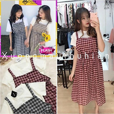 Yếm váy caro nâu quai da Nhà Kho Liti
