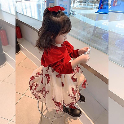 Đầm nhung lót lông hoa nhí đỏ cho bé gái, chân váy bồng công chúa mv15