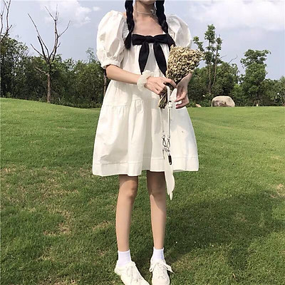 Váy Babydoll Xanh Cốm Đầm Babydoll Tay Phồng Cổ Vuông Dáng Xòe Nơ Lưng  Tiểu Thư Sang  MixASale
