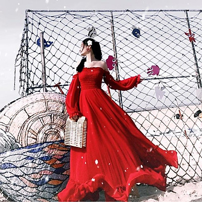 Đầm maxi tay dài họa tiết thổ cẩm dễ thương