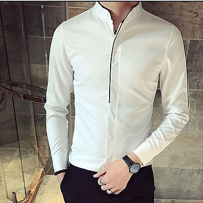 Áo sơ mi nam dài tay cổ đứng size lớn kiểu dáng rộng rãi một màu phù  hợp cho mùa thu mẫu mới nhất kiểu dáng cổ điển