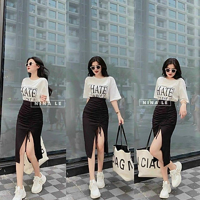 Nhập sỉ set áo thun đen thêu hoa chân váy hoa cúc  Bán sỉ thời trang mỹ  phẩm