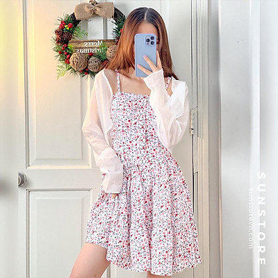 Đầm Hoa 2 Dây Hở Lưng Dáng Ngắn Siêu Đáng Yêu
