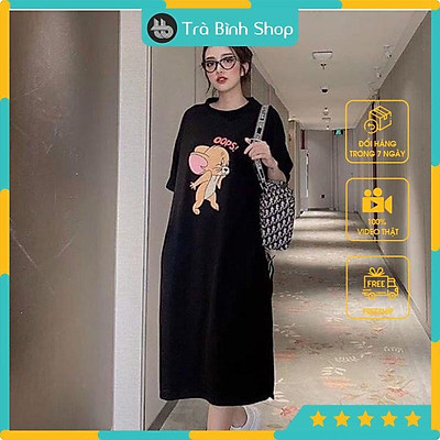 Đầm Suông Dáng Dài Váy Suông Cổ Tim Dáng Basis Chất Thun Cotton Hàng VNXK   Tháng Bảy