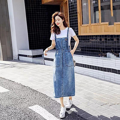 Váy yếm jean bé gái phong cách thể thao 7 tuổi 10 tuổi