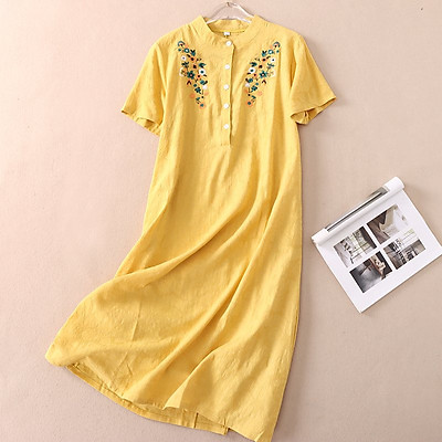 Giảm giá Váy đũithô mát túi ngực cổ đức 1 hàng cúc Đầm linen cổ sơmi  suông 3 màu  BeeCost