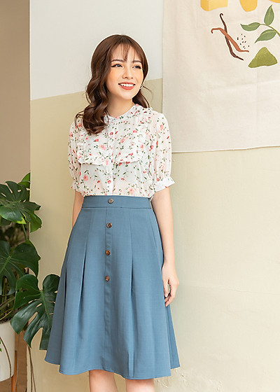 Chân Váy Xòe Vintage Phối Nút Thời Trang Công Sở