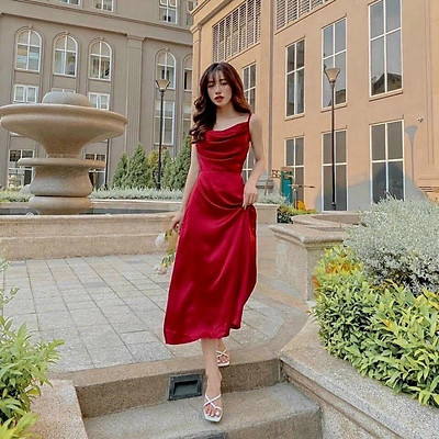 Đầm 2 dây phi lụa body cổ đỗ  ANNCOMVN