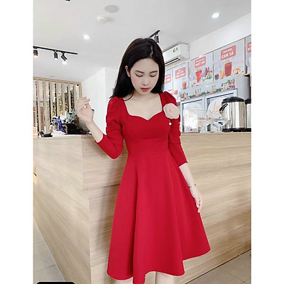 Đầm xòe nhung chữ A cổ vuông tay bồng Red Velvet  My Way Fashion  Thời  trang thiết kế cao cấp