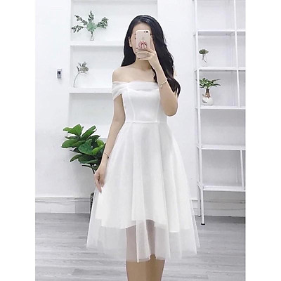 Váy xoè trắng bồng bềnh dài qua bắp chân váy trễ vai sang trọng   BigBuy360 