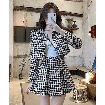 Set bộ nữ đi chơi  Sét áo sơ mi cổ sen mix chân váy xếp ly