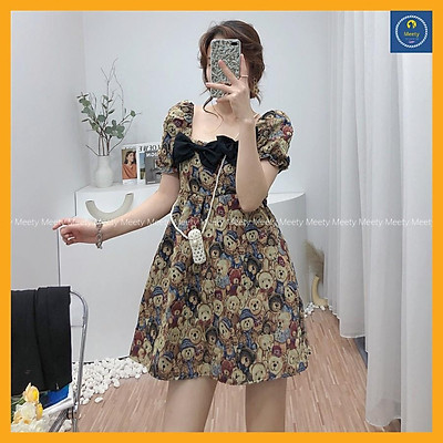 Đầm xòe cổ tròn tay phồng sắc vàng họa tiết hoa lá đen và xanh  Sỉ quần áo  giá rẻ