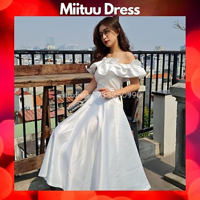 Đầm dạ hội trễ vai tùng xoè rộng dạ hội váy cô dâu2 màu trắng đỏ TVNN   maxivn
