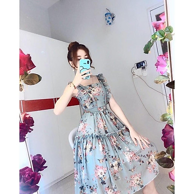 Đầm voan xanh hoa trắng phối bèo hở vai  Bán sỉ thời trang mỹ phẩm