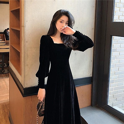 Váy nhung đen tay bồng cổ vuông viền đá  ShopperBoard