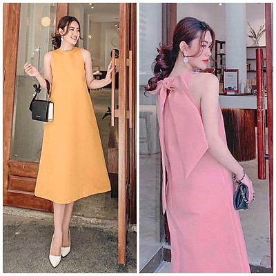ĐẦM bầu váy bầu CHẤM BI SUÔNG CHỮ A Giá km 199k Kiểu dáng đầm suông form  rộng chữ A cổ phối dây thắt nơ sát nách viền lai 3 tầng Màu