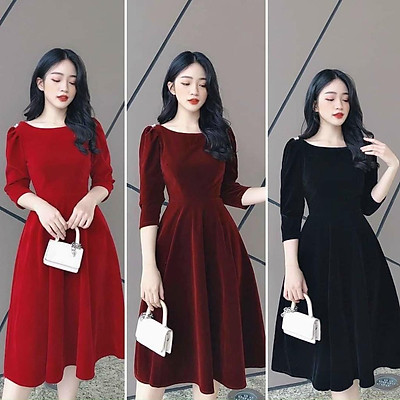 Đầm nhung xòe dáng dài dập vân hoa QIZ  Bazavn