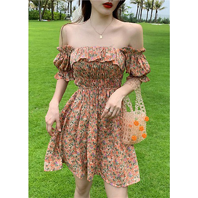 Đầm trễ vai đai eo bo chun họa tiết chấm bi  Váy Đầm
