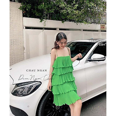 Đầm xòe tơ hồng hai dây xếp bèo thân nhún tầng