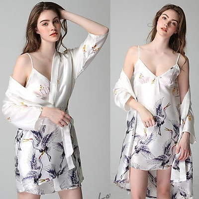 Áo choàng ngủ thắt đai eo phối ren Hamuse  Bazavn