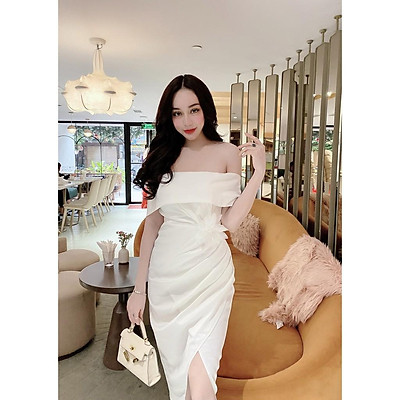 49271B840  Đầm nhung đen trễ vai tay và cúp ngực phối lưới chấm Thời  trang nữ Toson