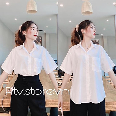 Áo sơ mi trắng nữ tay ngắn lỡ form rộng kiểu áo sơ mi nữ basic có túi mặc  đi làm công sở học sinh sinh viên đều đẹp  MixASale