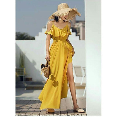 Váy maxi trễ vai hoa xanh