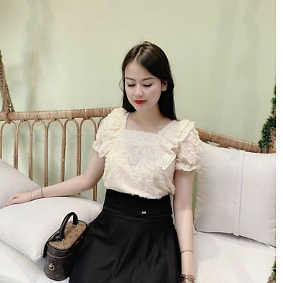 Mua Áo Kiểu Ngắn Tay Chất Tơ Lông - Cổ Vuông Phối Bèo Cánh Tiên | Tiki