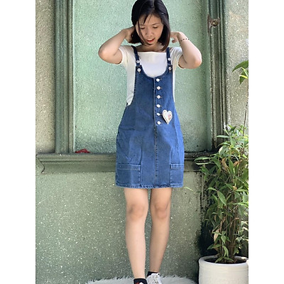 Váy yếm jean dài Wash Cào thêu Logo VN01  Thời trang Ofamic