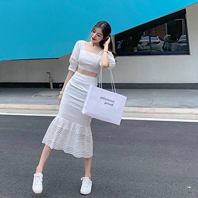 Set váy trắng phối áo ren tay ngắn  Bán sỉ thời trang mỹ phẩm