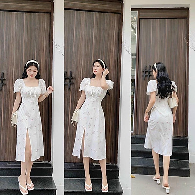 Đầm hoa nhí xẻ tà thời trang nữ tính  Ak2203