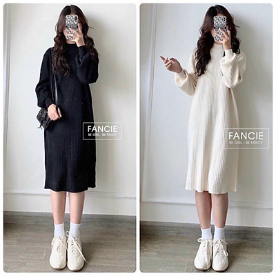 Váy cổ vuông dài tay MINA thu đông dáng xòe thời trang nữ công sở hàn quốc  V22  MixASale
