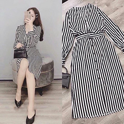 Đầm liền đen kẻ sọc nhỏ