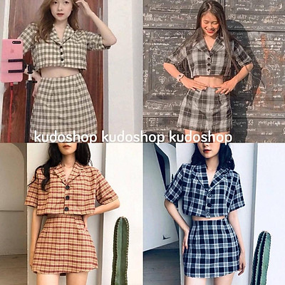Set váy kẻ caro set đồ nữ cổ vest đơn giản dễ mặc  Lazadavn