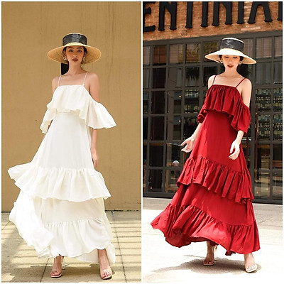Đầm maxi trễ vai ren thêu màu trắng xinh xắn như midu
