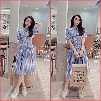 Váy đầm xòe liền thân dài tay thắt eo kẻ ca rô GLV019 kẻ Cuocsongvang   Shopee Việt Nam