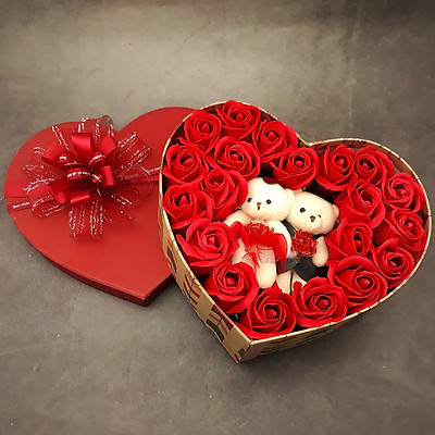 Mua Quà tặng sinh nhật, 8/3 cho bạn gái - hoa hồng sáp hộp tim 2 gấu, màu  đỏ - H15D | Tiki