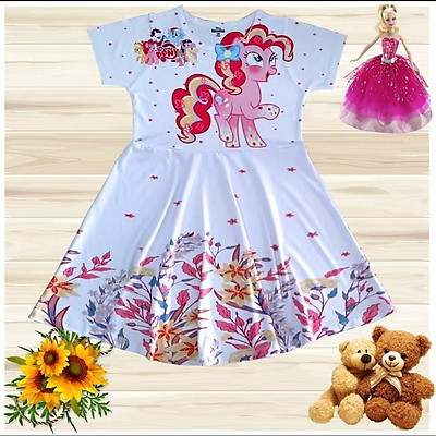 Đầm thun chân voan in ngựa pony unicorn cầu vồng cho bé gái