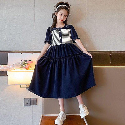 Mua DIYIWEI Cô gái mùa hè ngắn tay chiffon váy công chúa 2023 Hàn Quốc đại  học gió váy trẻ em lớn cô gái đầm - Xanh lông mòng đen - 120