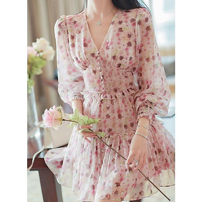 Váy cổ vuông nhún ngực chân xòe xẻ trước