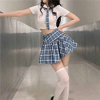 Thời trang cosplay đồng phục học sinh áo sơ mi trắng váy xếp ly