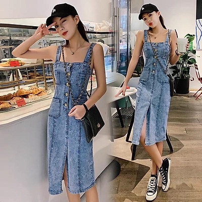 Yếm váy jean ngắn xẻ trước xanh nhạt Nhà Kho Liti